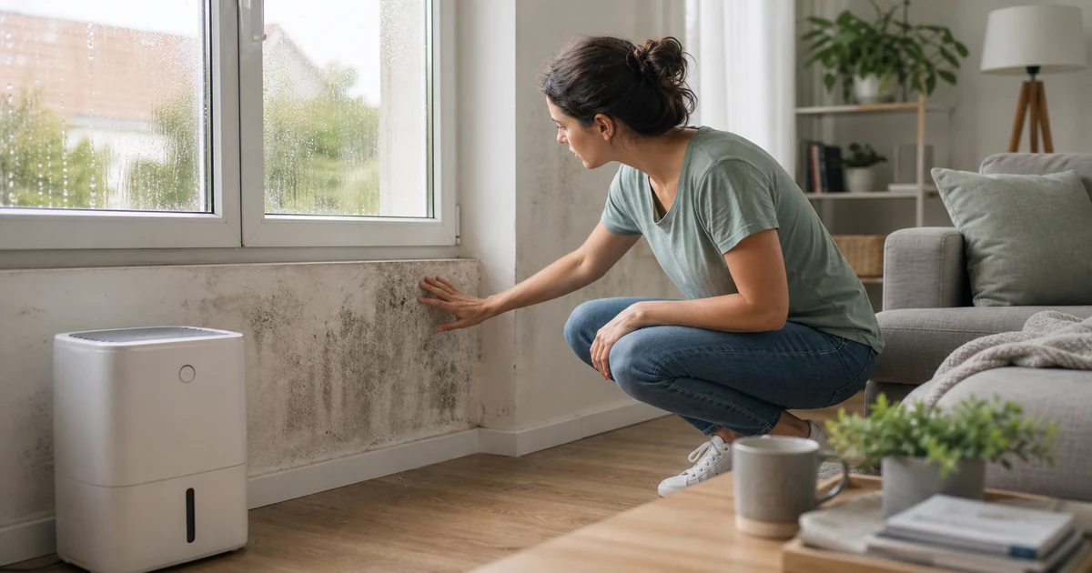 Personne inspectant un mur humide près d'une fenêtre avec un déshumidificateur