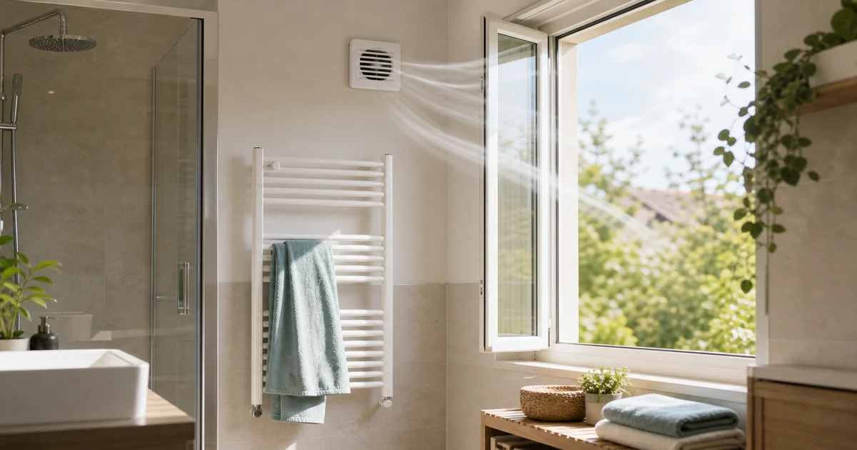 Salle de bain ventilée avec fenêtre ouverte et bouche d'aération propre