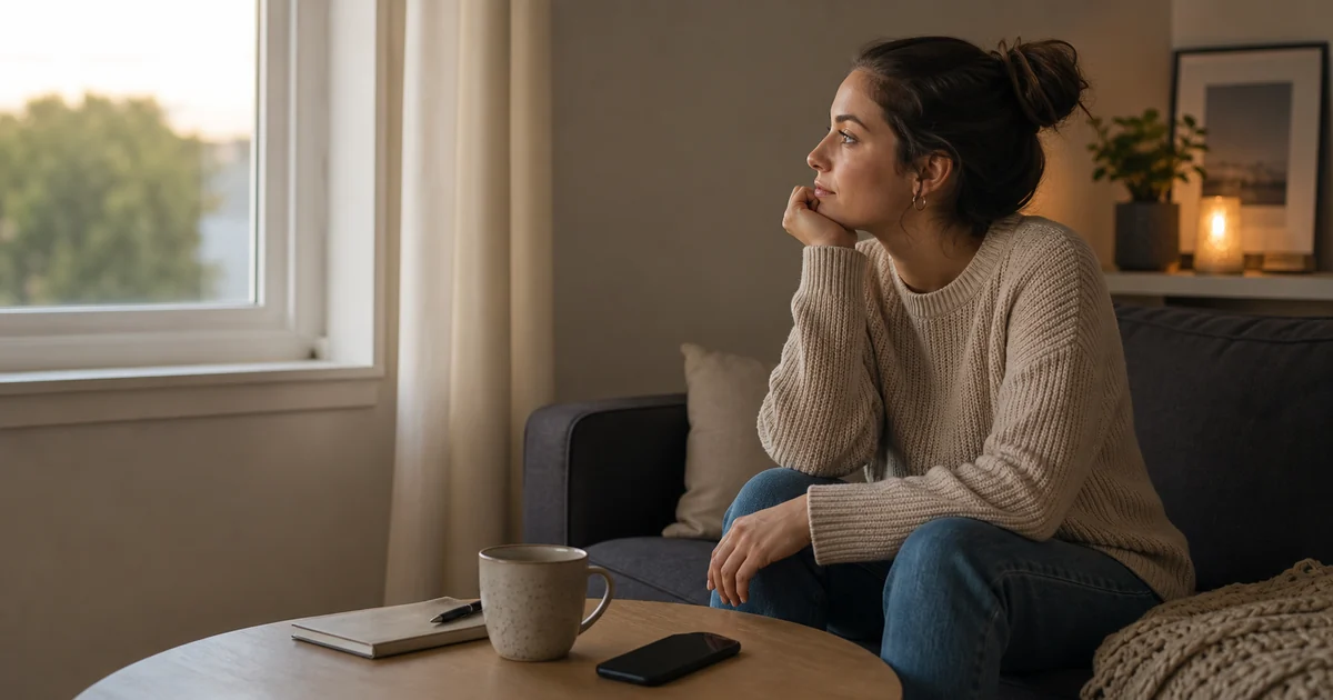 Jeune adulte assise près d'une fenêtre avec un téléphone posé sur une table, dans une ambiance calme évoquant une pause numérique