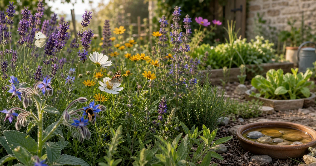 Jardin naturel avec lavande, bourrache, fleurs sauvages, papillons et abeilles près d’une petite coupelle d’eau