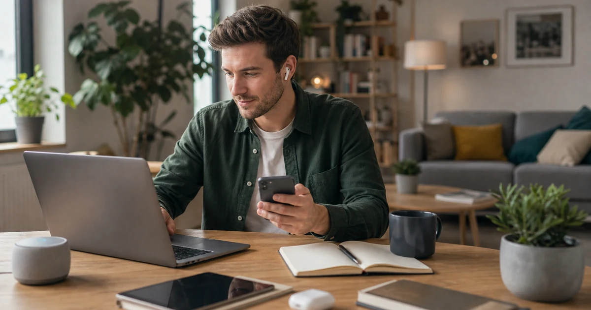 Ordinateur, smartphone et objets connectes sur un bureau moderne en lumiere naturelle