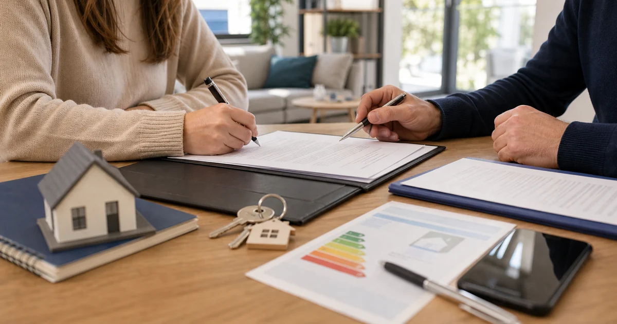 Signature d’un bail de location avec clés, documents immobiliers et diagnostic énergétique sur une table