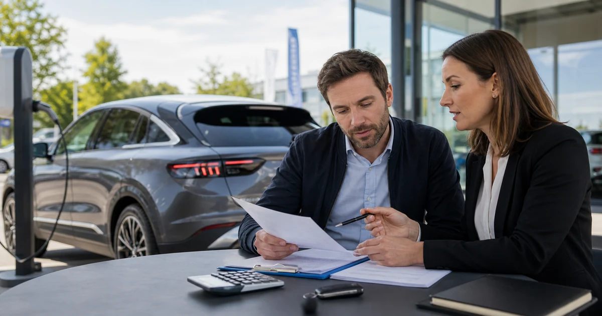 Acheteur consultant des documents pres d une voiture pour comprendre le cout du malus automobile