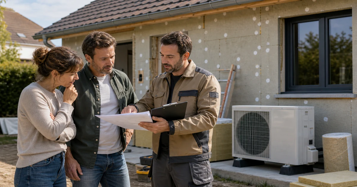 Proprietaire et artisan discutant de travaux de renovation devant une maison