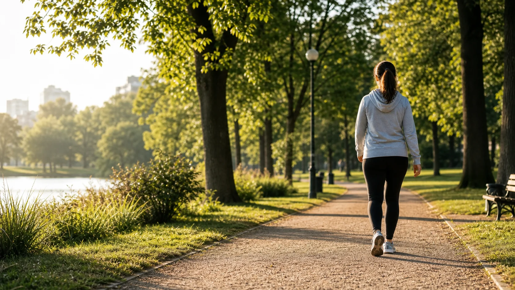 Personne marchant dans un parc au lever du jour pour illustrer les bienfaits de la marche quotidienne