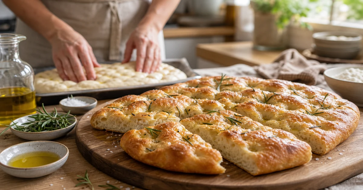 Focaccia maison doree avec romarin et huile d olive sur une planche en bois