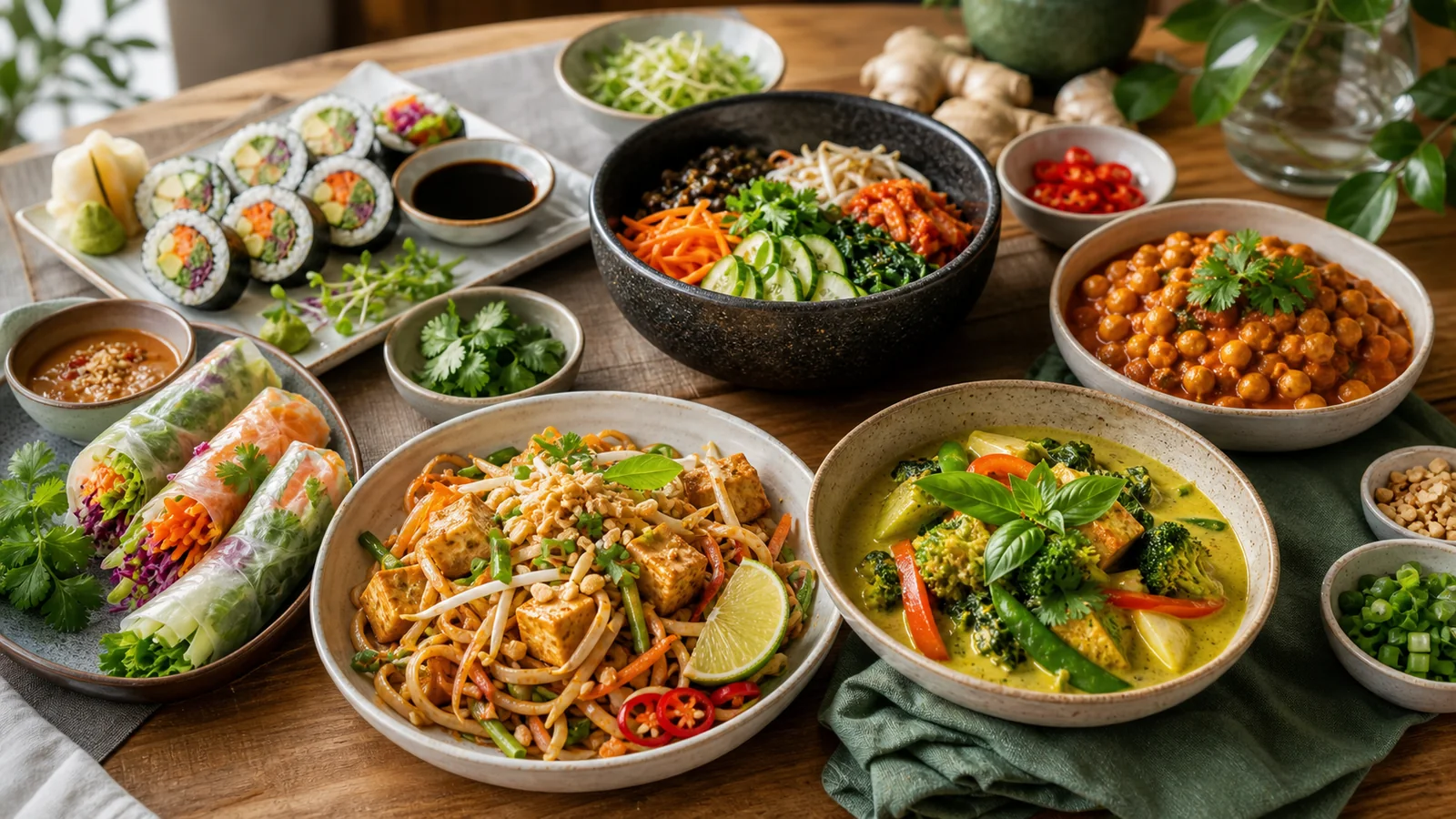 Table garnie de plats végétariens d’Asie avec sushi aux légumes, curry, tofu, rouleaux de printemps et chana masala