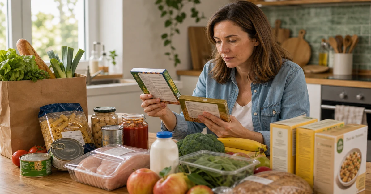 Client comparant les informations nutritionnelles de produits alimentaires sur une table de cuisine