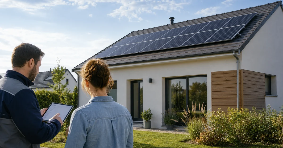 Panneaux solaires photovoltaïques installés sur le toit d’une maison avec un professionnel qui présente le projet à une propriétaire