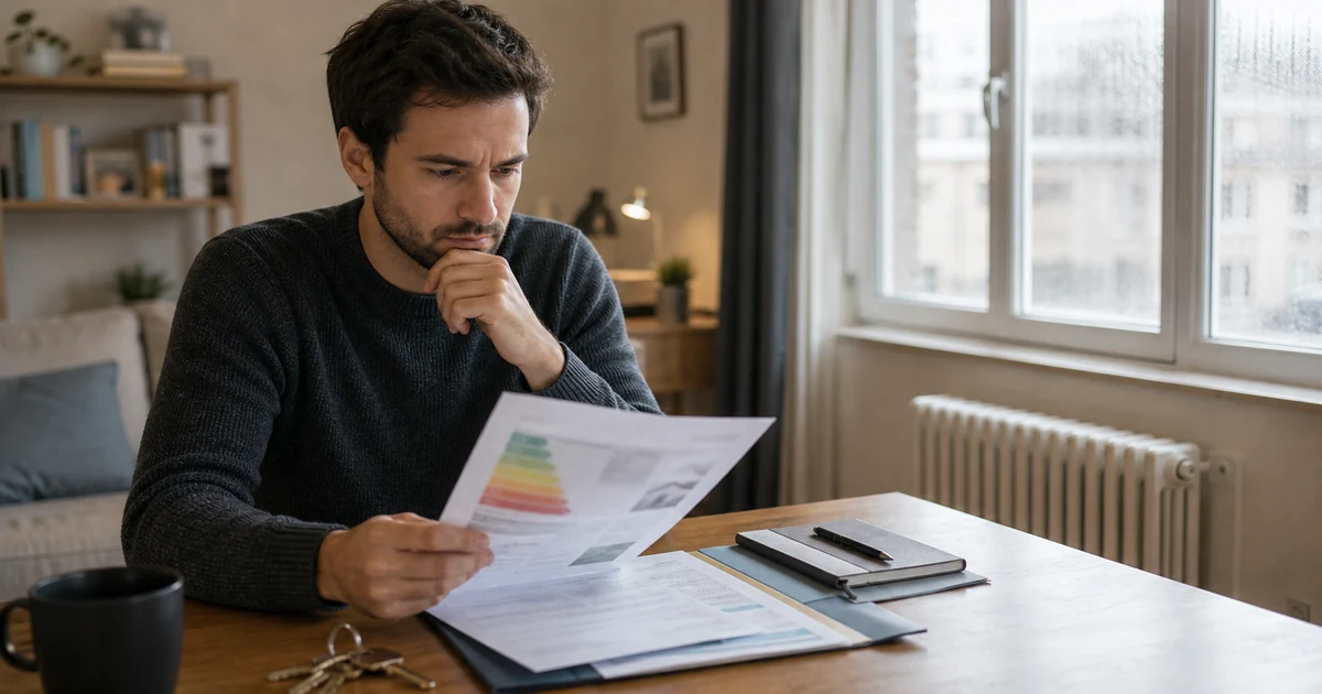 Locataire consultant un dossier energetique pres d un radiateur et d une fenetre de logement