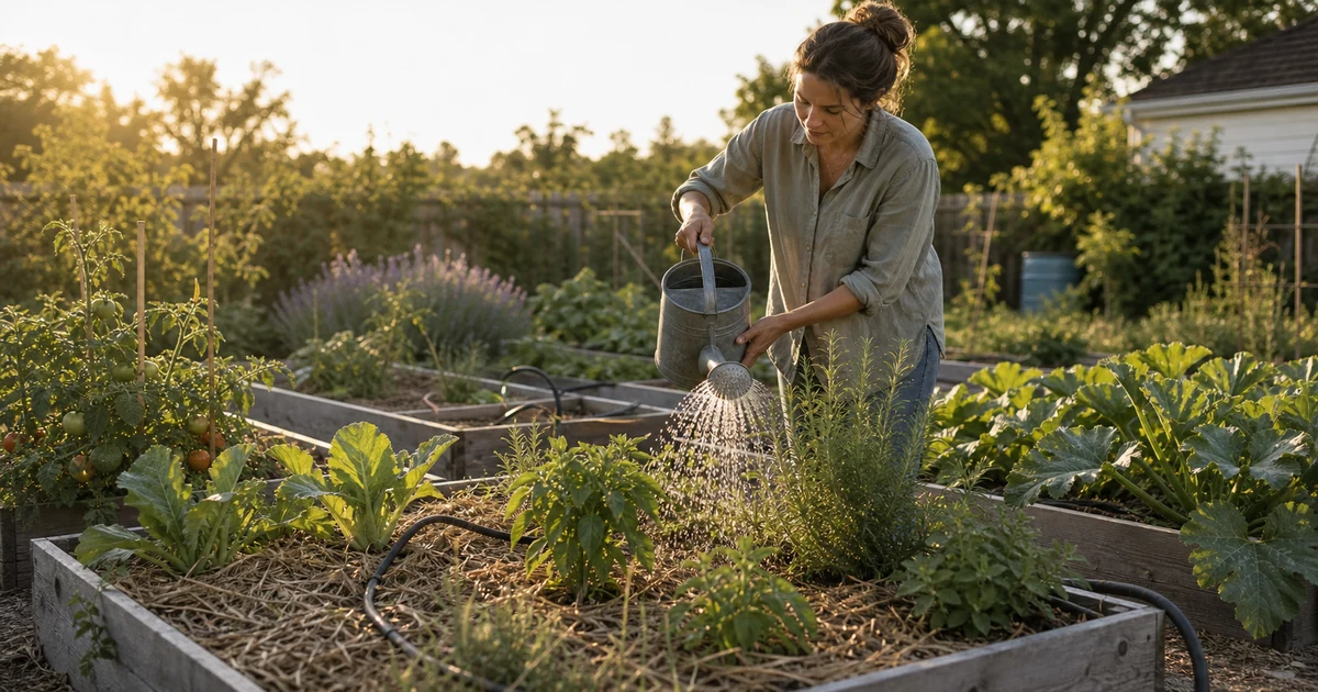 Jardinier arrosant un potager paille avec legumes resistants pendant une periode seche