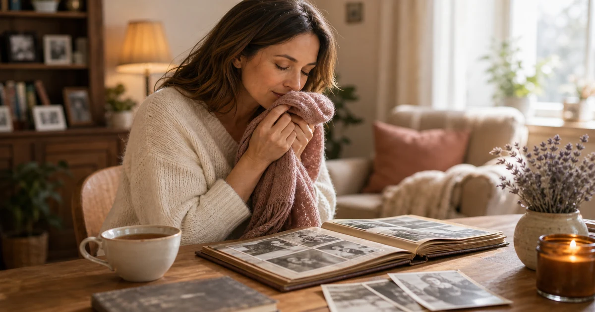 Personne sentant un tissu ancien pres d un album photo dans une ambiance chaleureuse