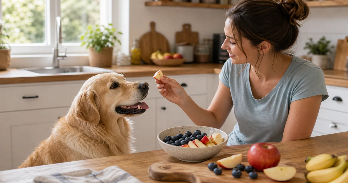 Chien assis pres d un bol de fruits autorises dans une cuisine lumineuse