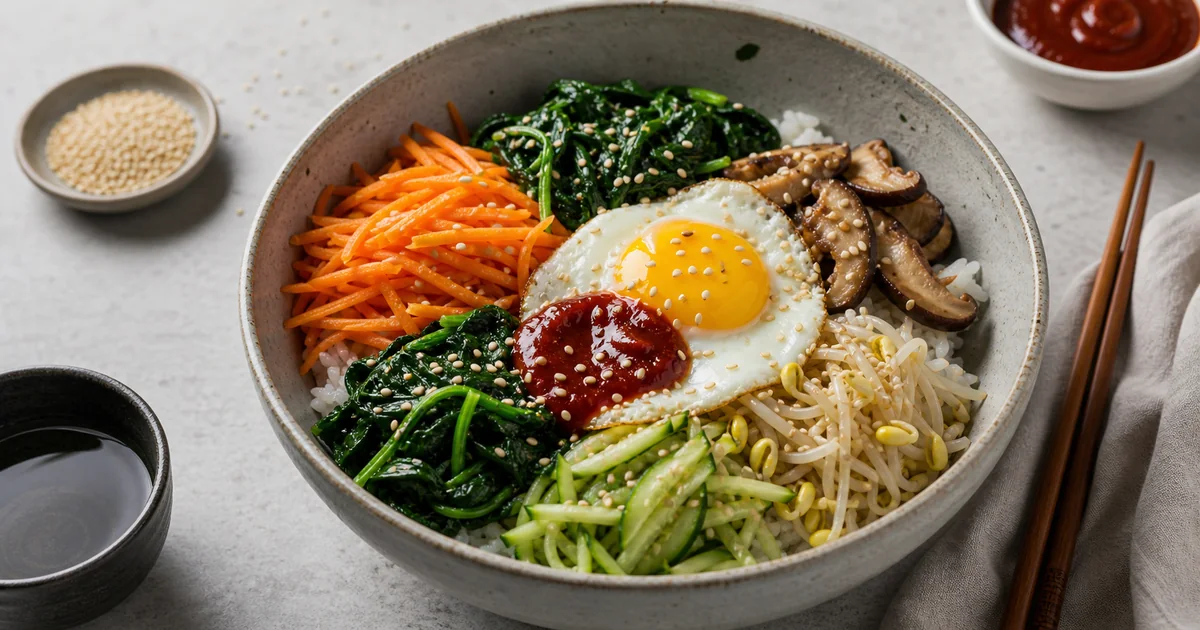 Bibimbap végétarien coréen avec riz, légumes colorés, oeuf, champignons et sauce gochujang