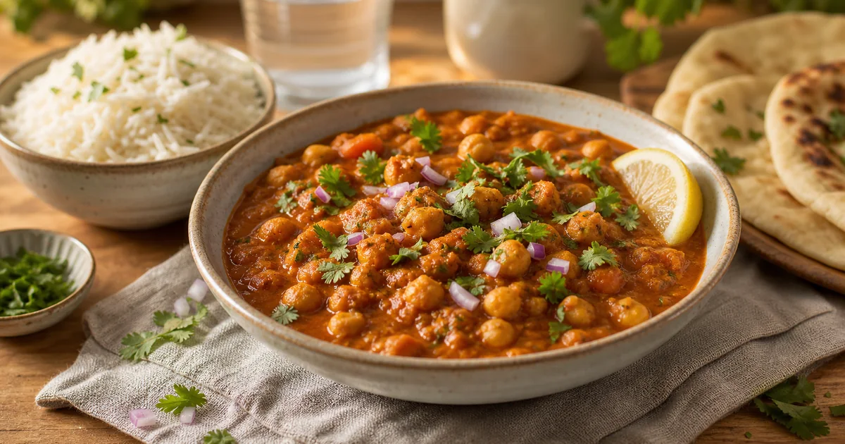 Chana masala aux pois chiches avec sauce tomate épicée, coriandre fraîche, riz basmati et pain naan