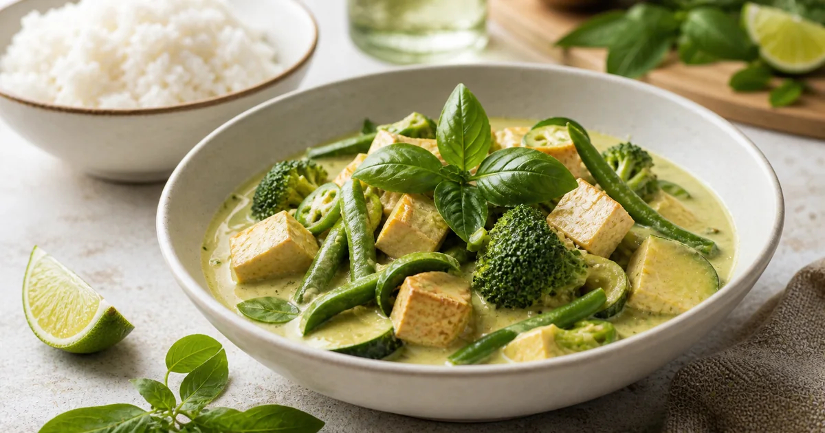 Curry vert thaï végétarien au tofu avec légumes verts, lait de coco, basilic et riz jasmin