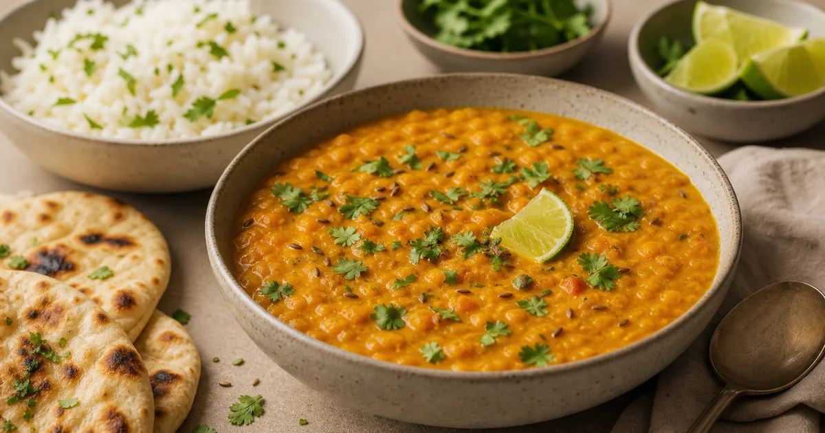 Dal de lentilles corail crémeux avec riz basmati, coriandre fraîche, citron vert et pain naan
