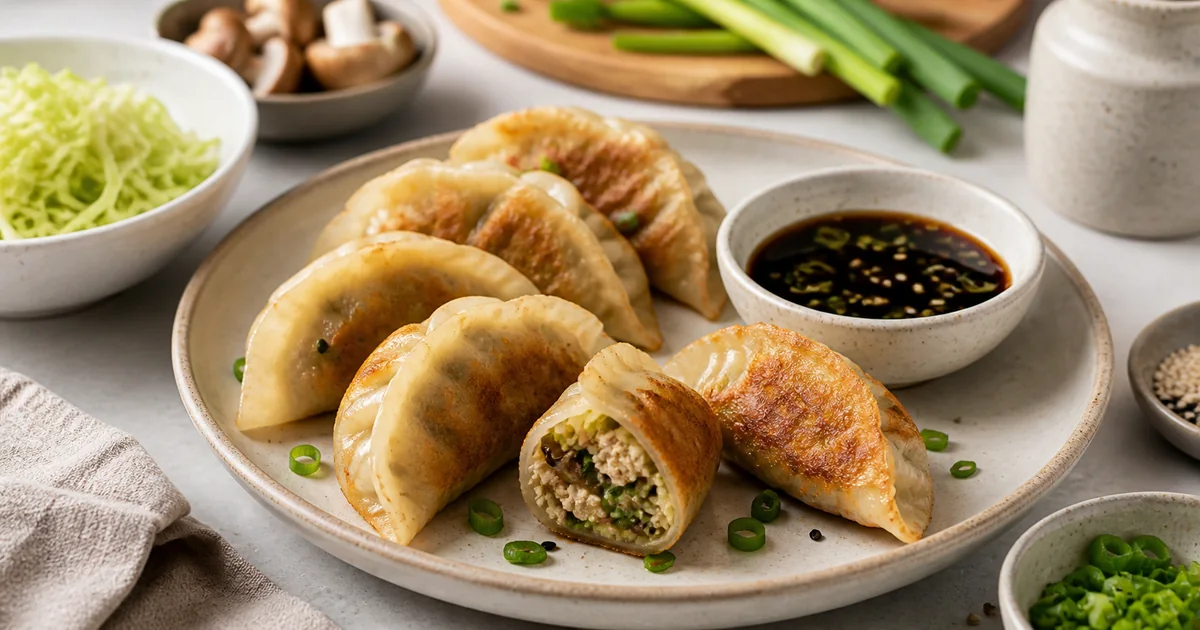 Gyozas végétariens dorés aux légumes et tofu avec sauce soja, ciboule et graines de sésame