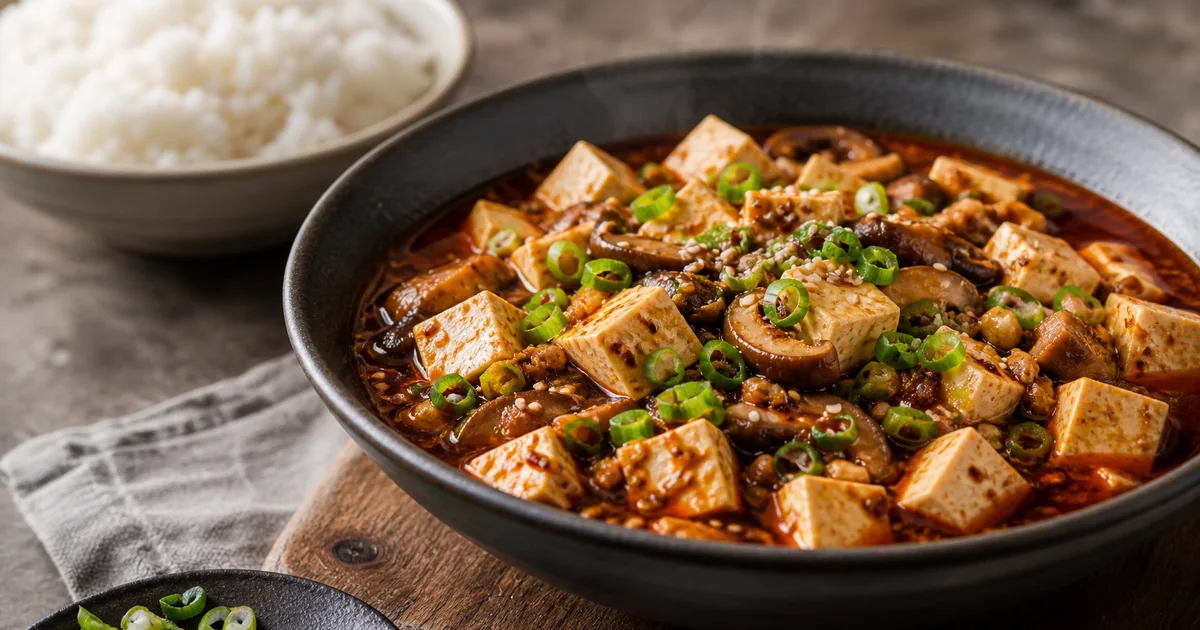 Mapo tofu végétarien avec cubes de tofu, champignons, sauce épicée du Sichuan, riz et ciboule