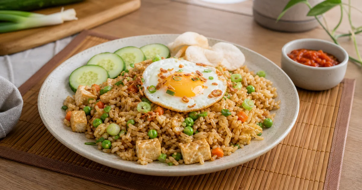 Nasi goreng végétarien avec riz sauté, légumes, tofu, oeuf au plat, concombre et sauce pimentée