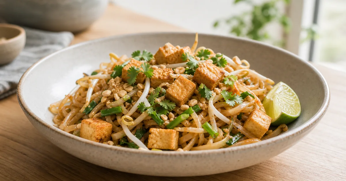 Pad thaï végétarien au tofu avec nouilles de riz, cacahuètes, herbes fraîches et citron vert