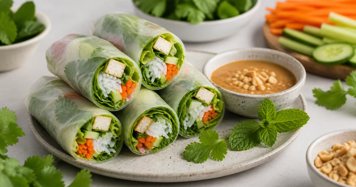 Rouleaux de printemps végétariens au tofu avec légumes croquants, herbes fraîches et sauce cacahuète