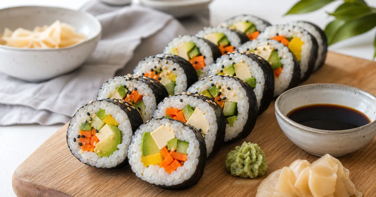 Sushis végétariens maison avec avocat, concombre, carotte, riz vinaigré, sauce soja, wasabi et gingembre