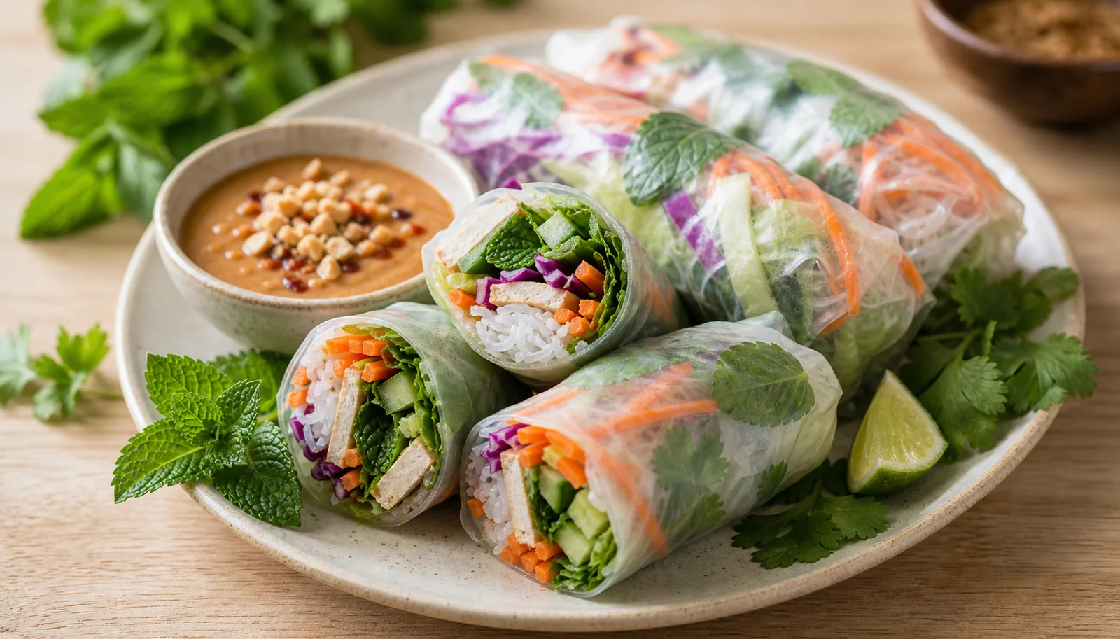 Rouleaux de printemps végétariens vietnamiens avec tofu, légumes croquants, herbes fraîches et sauce cacahuète