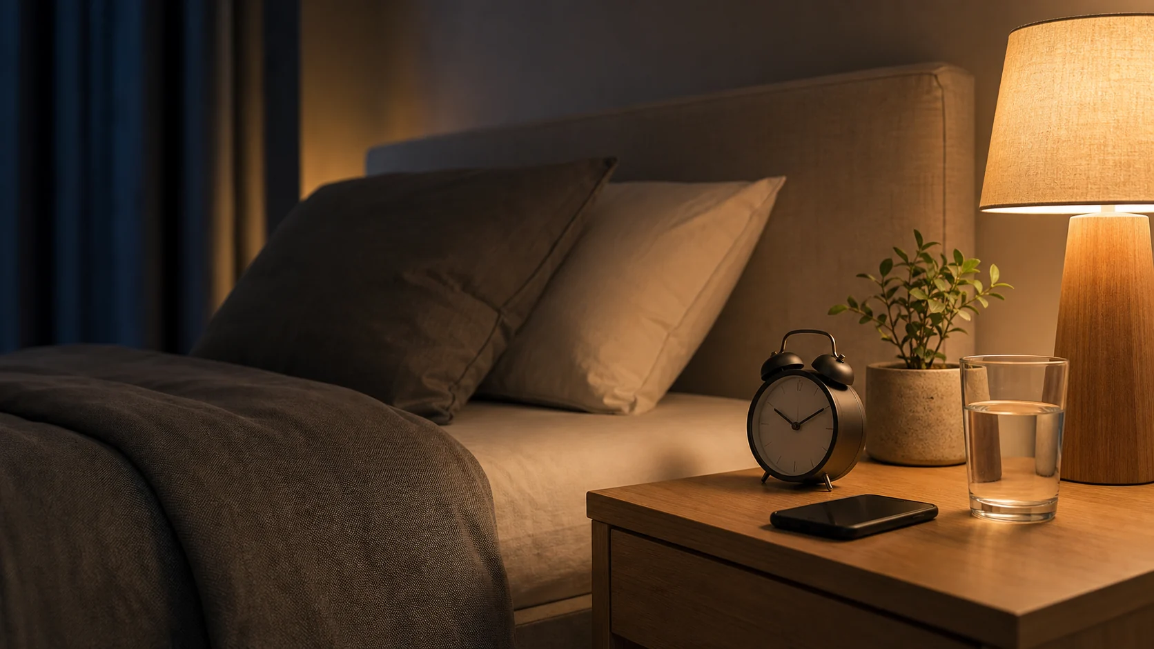 Table de nuit avec téléphone éloigné du lit et lampe douce pour illustrer les erreurs qui nuisent au sommeil