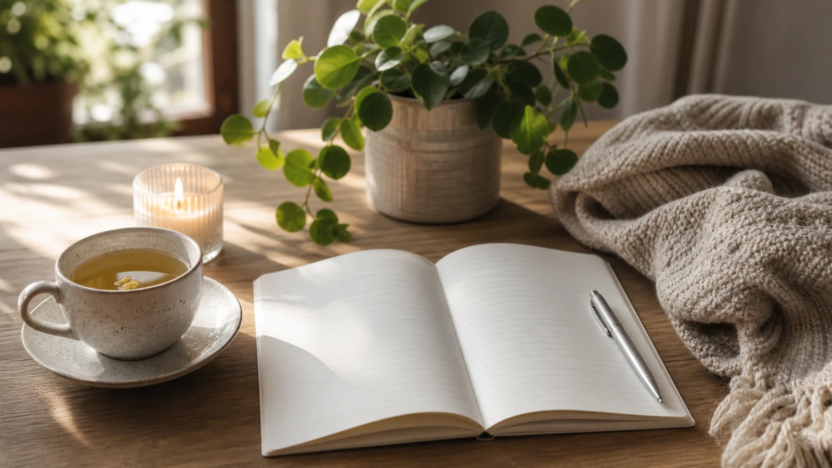 Tasse de tisane, carnet et lumière douce sur une table pour calmer le stress du quotidien