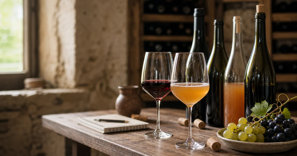 Verres de vin rouge et de vin orange naturel posés sur une table en bois dans une cave avec bouteilles sans étiquette visible