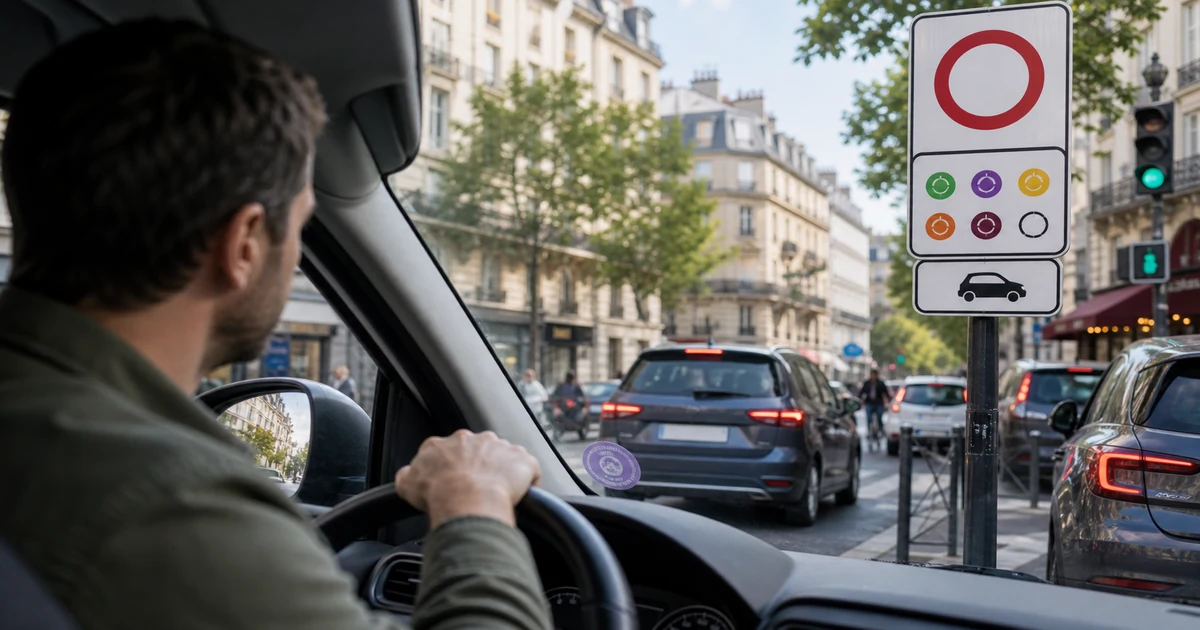 Conducteur arrivant en ville pres d un panneau de zone a faibles emissions
