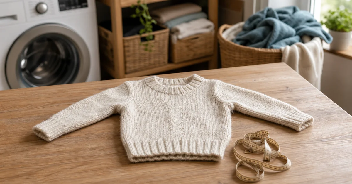 Pull en laine rétréci posé devant un lave-linge avec un mètre ruban