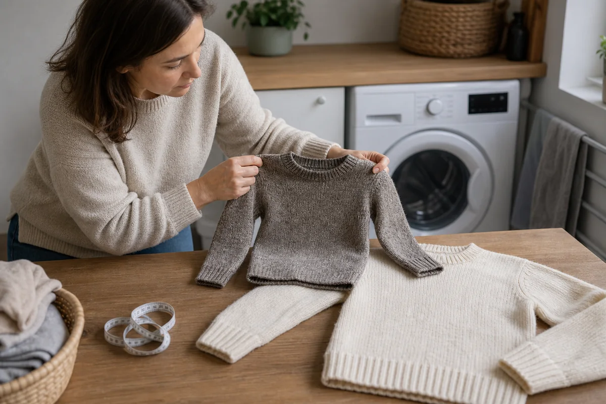 Comparaison d'un pull légèrement rétréci avec un pull de taille normale devant un lave-linge