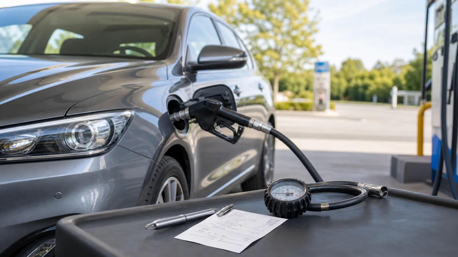 Voiture à la pompe avec manomètre de pression des pneus pour illustrer une consommation de carburant trop élevée